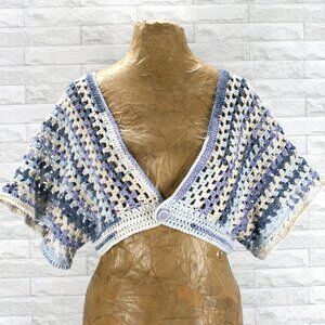 HAND CRAFTED Cardigan Sweater Cropped Crochet Striped Blue Denim Granny Square
